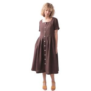 Offon Clothing Brown 100% Linen Lithuania Hand Made MIDI Short Sleeve Dress